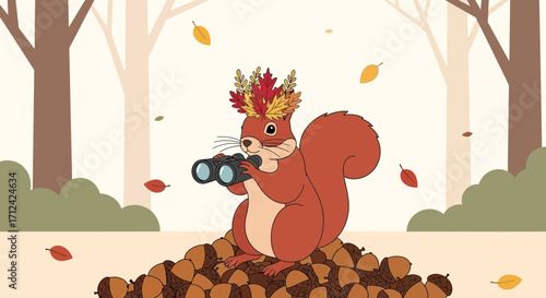 Animated Squirrel With Binoculars Amidst Autumn Leaves And Acorns