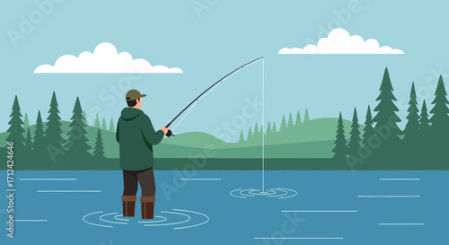 Adventurous Angler Fishing In Calm Lake Beneath Cloudy Sky During Day