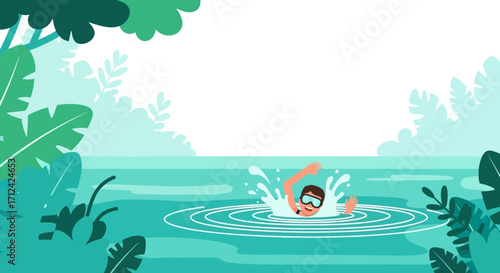 Animated Swimmer Enjoys Summer Splash In Verdant Tropical Waters And Lush Foliage