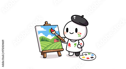 Charming cartoon artist character with beret and paint-splattered shirt, joyfully painting a vibrant countryside landscape on an easel with a colorful palette
