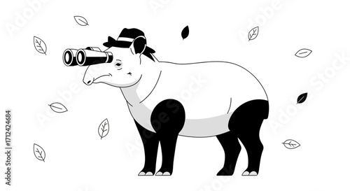Animated Tapir Wearing Hat Looking Through Binoculars Among Falling Leaves Imagery