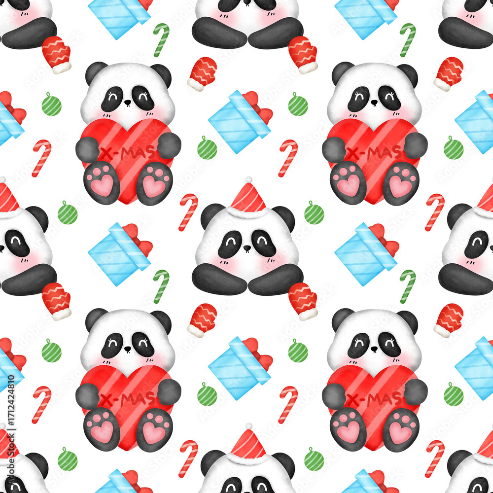 Fototapeta premium Seamless Pattern of Christmas Pandas With Gifts