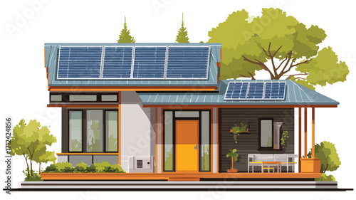 Modern Flat Vector Home with Solar Roof and Battery Wall Illustration