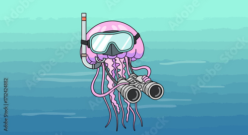 Adventurous Cartoon Jellyfish Exploring The Underwater World With Binoculars And Snorkel