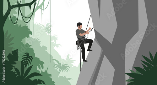 Adventurous Climber Ascending A Rocky Precipice In A Dense Jungle Environment