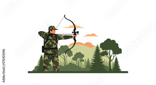 Archer Practices Targeting Technique in Forest with Bow and Arrow Aiming for Precision