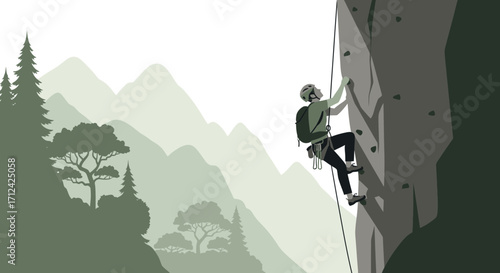 Adventurous Climber Ascending Cliff Face With Mountainous Scenery Background Illustration