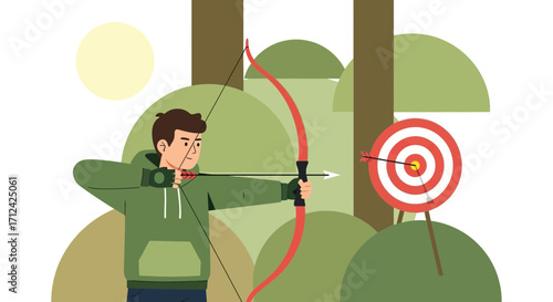 Archery Athlete Aiming Arrow at a Target, Vector Illustration Depicting Perfect Accuracy