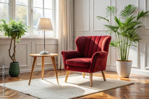 Wallpaper Mural Red velvet armchair in a living room beside a wooden side table and plants Hardwood floor and white walls Torontodigital.ca