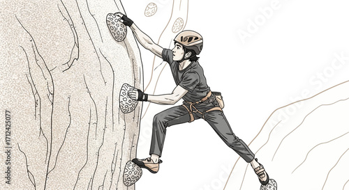 Adventurous Climber Ascending a Rough Rock Face with Advanced Support and Safety Measures
