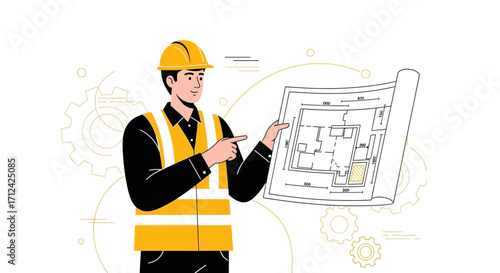 Architect Holding Plan And Pointing, Construction, and Property Development Illustration