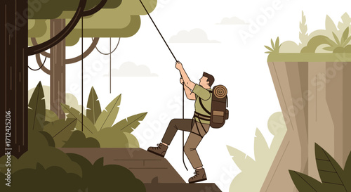 Adventurous Climber Scaling a Cliff Face to Reach a Remote Wilderness Location