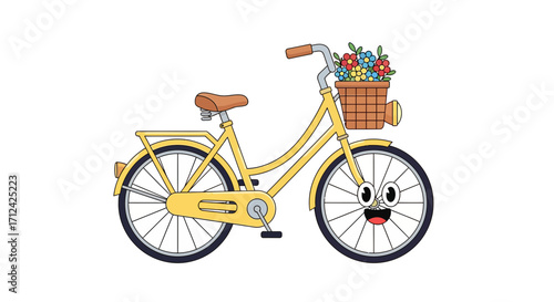 Whimsical yellow bicycle with a cheerful face and a basket full of colorful flowers, ready for a fun ride on a sunny day