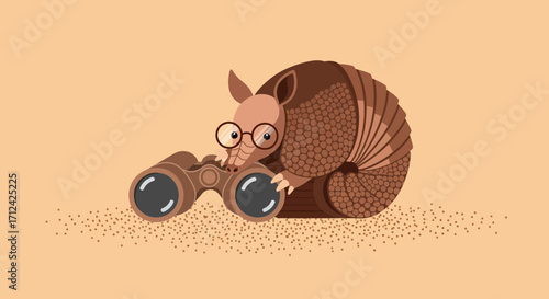 Armored Animal With Glasses Looking Through Binoculars In A Sandy Environment