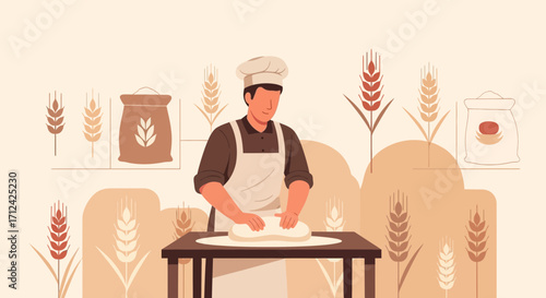 Artisan Baker Kneading Baked Goods Dough Near Wheat And Harvest Elements