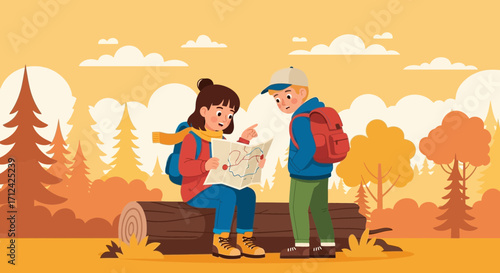 Adventurous Couple Exploring Nature with Map in Enchanting Autumnal Landscape