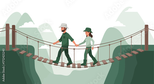 Adventurous Couple Crossing a Suspension Bridge, Symbolizing Partnership and Perseverance