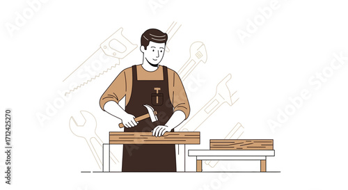 Artisan Crafting Wood with Hammer in Workshop, Skilled Carpenter at Work