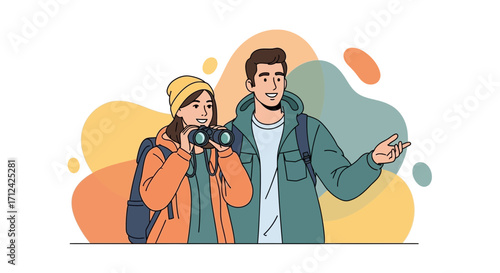 Adventurous Couple Exploring The Surroundings with Binoculars During Their Expedition Journey