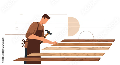 Artisan Crafting Wood With Nail And Hammer, Illustrating Carpenter's Skill and Precision