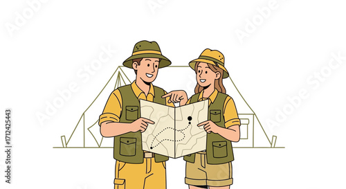 Adventurous Duo Planning Their Route On A Map While Exploring The Wilderness