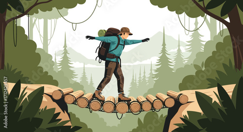 Adventurous Explorer Balancing On A Wooden Bridge, Surrounded By Lush Forest Scenery