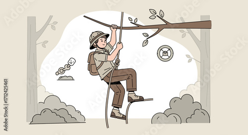 Adventurous Explorer Climbing A Rope Towards a Branch With Natural Environment