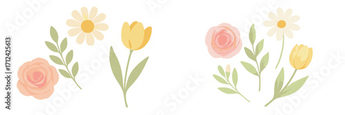 Colorful floral arrangement with pink roses, yellow tulips, and white daisies on a soft background