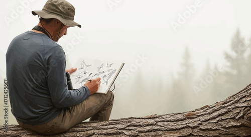 Artist Capturing Nature On Wood, Observing Avians In A Misty Forest Environment