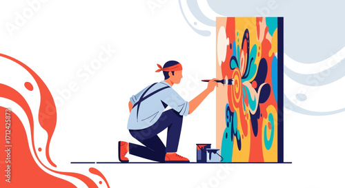 Artist Creating A Colorful Abstract Mural Art, Artistic Expression And Creative Illustration