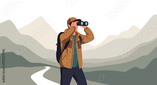 Adventurous Explorer Investigating The Natural Mountains Landscape With Binoculars Illustration