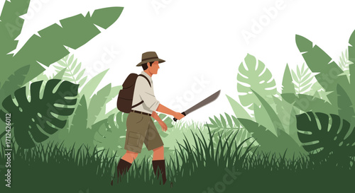 Adventurous Explorer Navigating Lush Rainforest With A Machete And Backpack