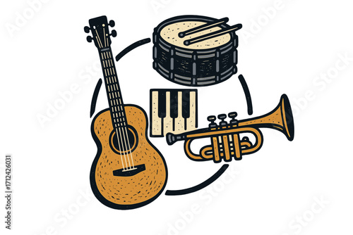 Musical instruments arranged in a circular design showcasing a guitar, trumpet, drums, and piano keys for a vibrant artistic expression