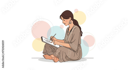 Artist Focused On Concentrated Sketching While Sitting On Ground With Notebook and Pencil