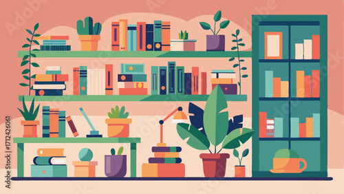A cozy study filled with shelves of books and plants creating a peaceful and inspiring workspace.