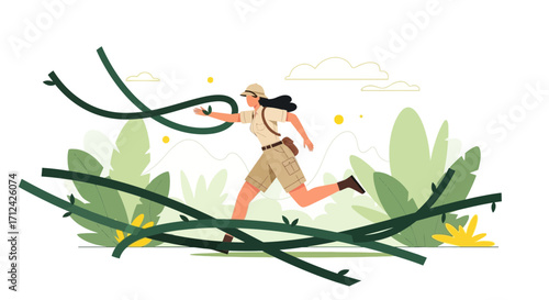 Adventurous Explorer Navigating Thickets in Lush Jungle Environment Vector Illustration