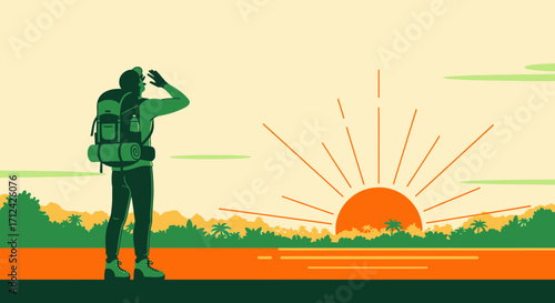 Adventurous Explorer Observing Sunrise Over Serene Landscape With Backpack and Wanderlust