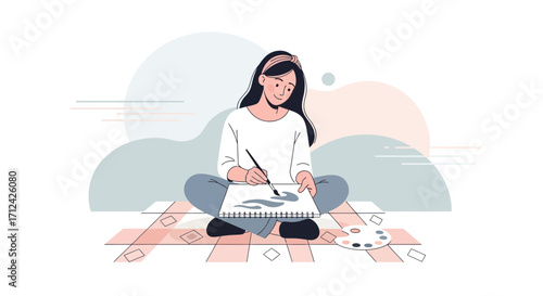 Artist Illustrating Abstract Ideas Sitting On The Floor, Painting An Illustration