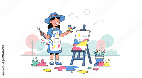 Artist Girl Painting Nature Scene with Bird and Easel with Colorful Landscape Painting