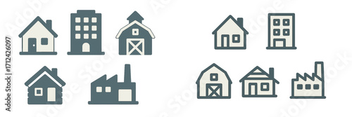 Simple and clear icons of residential and commercial buildings representing urban and rural areas