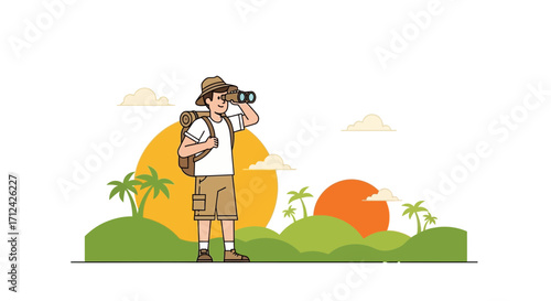 Adventurous Explorer Searching Vista Using Binoculars Against Colorful Sunset Illustration