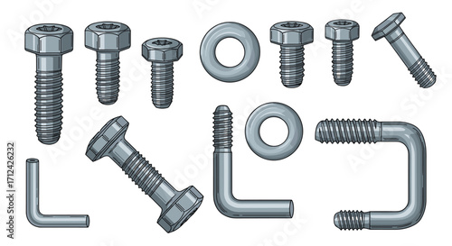 Various types of fasteners including bolts nuts and washers are depicted here.