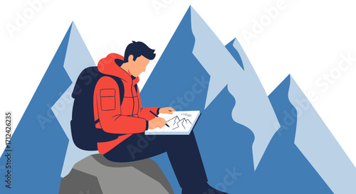 Adventurous Explorer Sketching Mountain Range Scenes On A Rocky Perch Outdoors