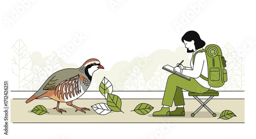 Artist Observing And Sketching A Partridge In A Natural Setting, With Leaves Details