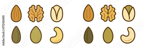 Collection of assorted nuts arranged in a colorful graphic design suitable for healthy snacks and nutrition themes