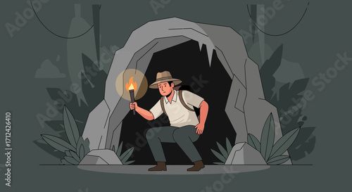 Adventurous Explorer With A Torch, Searching Inside A Mysterious Dark Cave