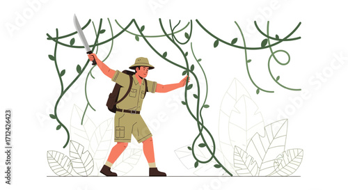 Adventurous Explorer With Machete Navigating Through Lush Jungle Vegetation