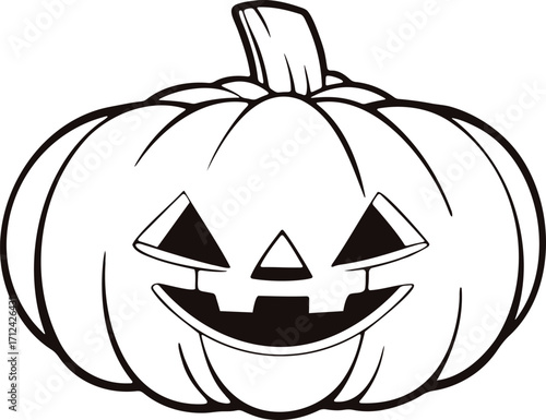 Pumpkin Jackolantern With Triangular Eyes Nose And Wide Toothy Smile In Black And White Outline Illustration For Seasonal Halloween Decoration
