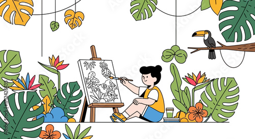 Artist Painting Jungle Scene With Tropical Flowers And A Toucan Bird Illustration