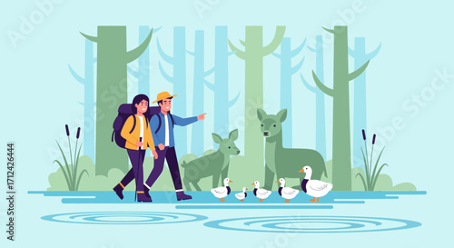 Adventurous Explorers Discovering Forest's Wonders Amidst Deer And Aquatic Birds Landscape